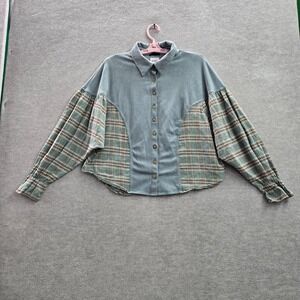Miss Me Women Blouse L Blue Plaid Flannel Western Collar Button Front